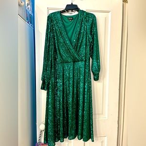 Tahari Green Sequin Dress Long Sleeve Faux Wrap Size 16W